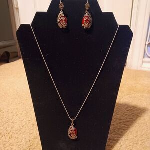 Silver-Toned Red Pendant & Earring Set, 20"